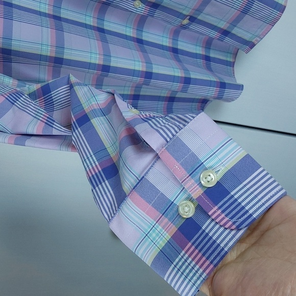 Peter Millar Southern comfort Purple/Pink Plaid Dress Shirt Preppy Office Sz.L - Picture 4 of 9